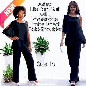 NWT Ashro Black Elle Rhinestone Embellished Cold-Shoulder Pant Suit